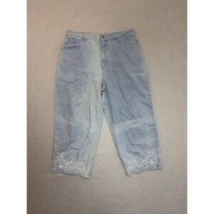90s Bill Blass Women 12 Light Wash Floral Embroidered Cropped Stretch Denim